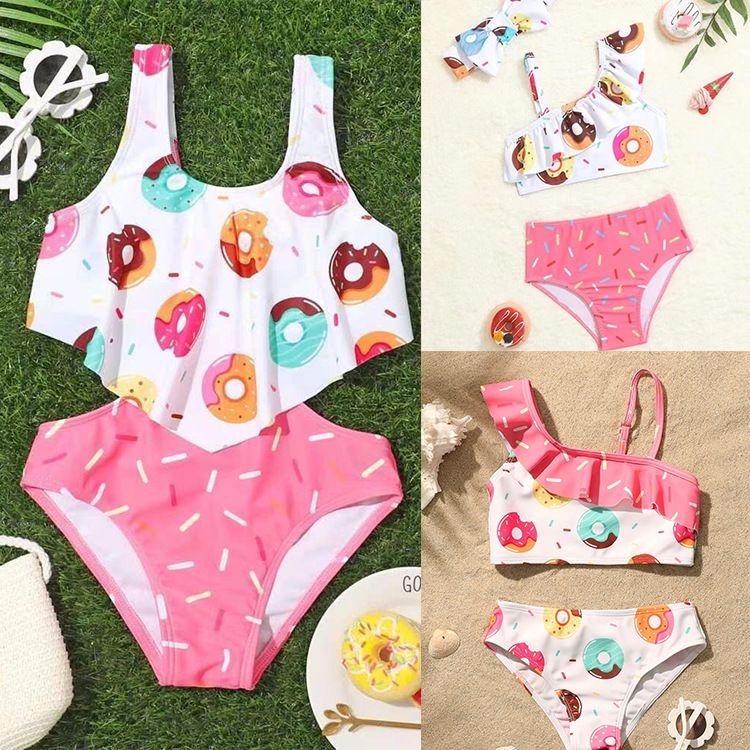 Kids Baby Girls Cute Sweet Donut Print Sleeveless One Piece Swimwear