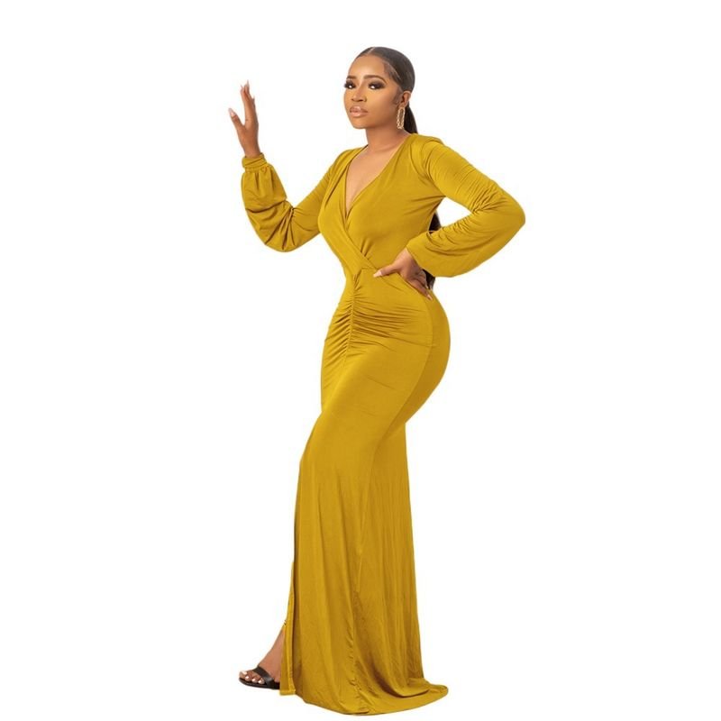 Women Fashion Sexy Solid Color Deep V Long Sleeve Maxi Dress