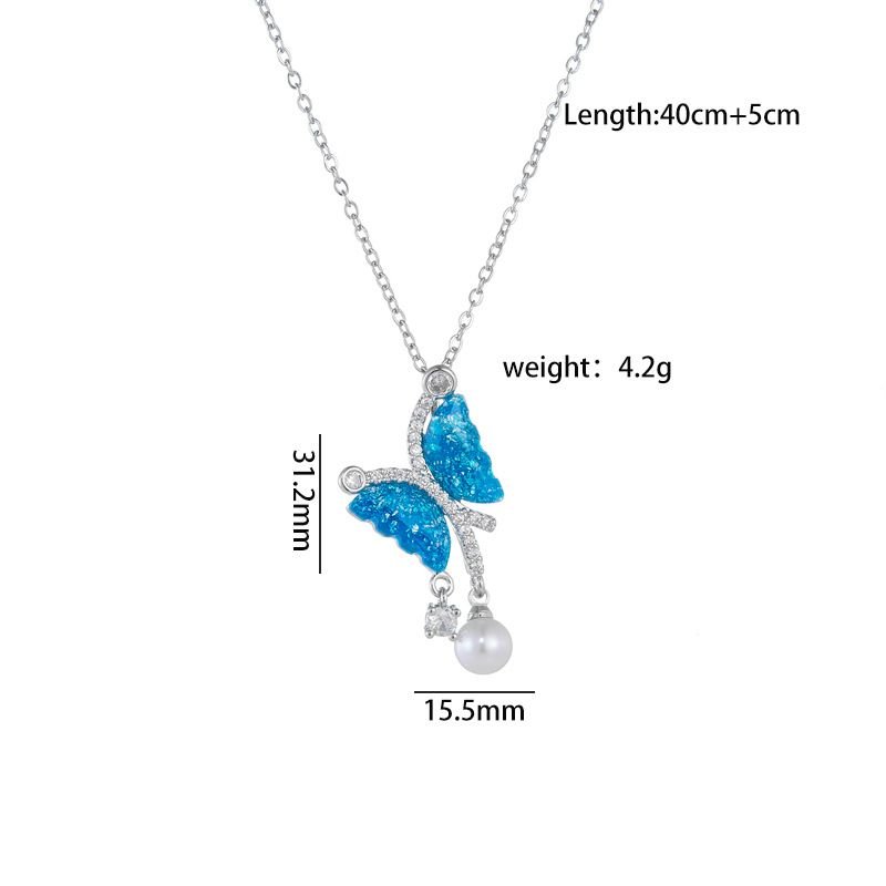 Women Simple Multicolor Fluorescent Butterfly Pearl Titanium Steel Necklace