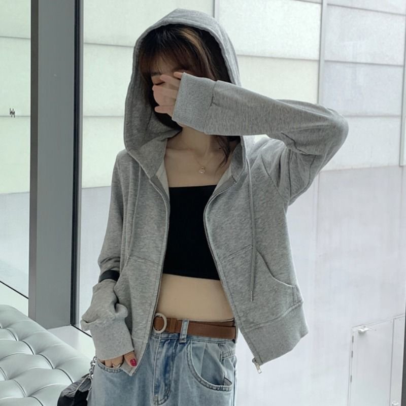 Women Spring And Autumn Loose Zipper Long Sleeve Crop Hoodie