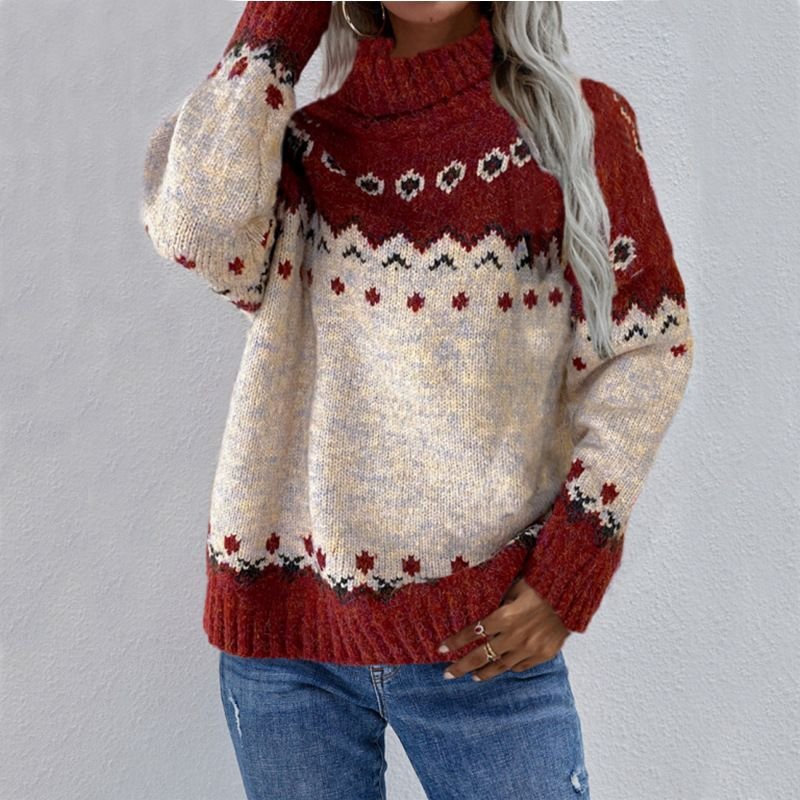 Autumn Winter Women Fashion Christmas Jacquard Knitted Round Neck Long Sleeve Sweater