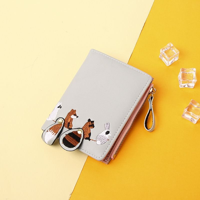 Women Fashion Cute Cartoon Animal Embroidered Folding Mini Wallet