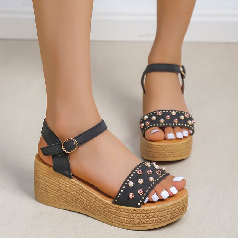 Women Summer Fashion Plus Size Pearl Embellished Platform Wedge Heel Sandals