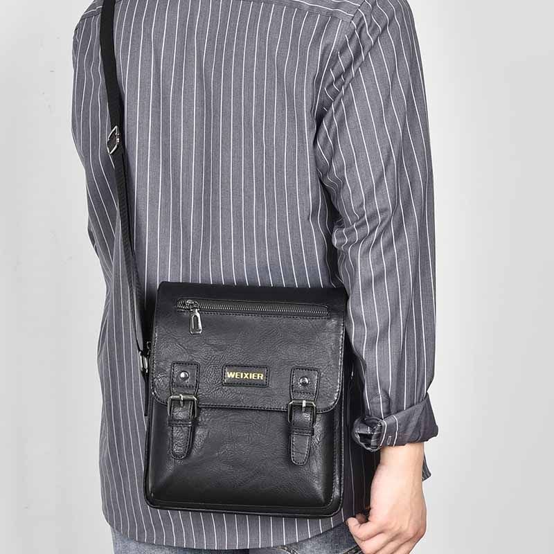 Men Fashion Casual Commuter Canvas Litchi Grain PU Crossbody Bag