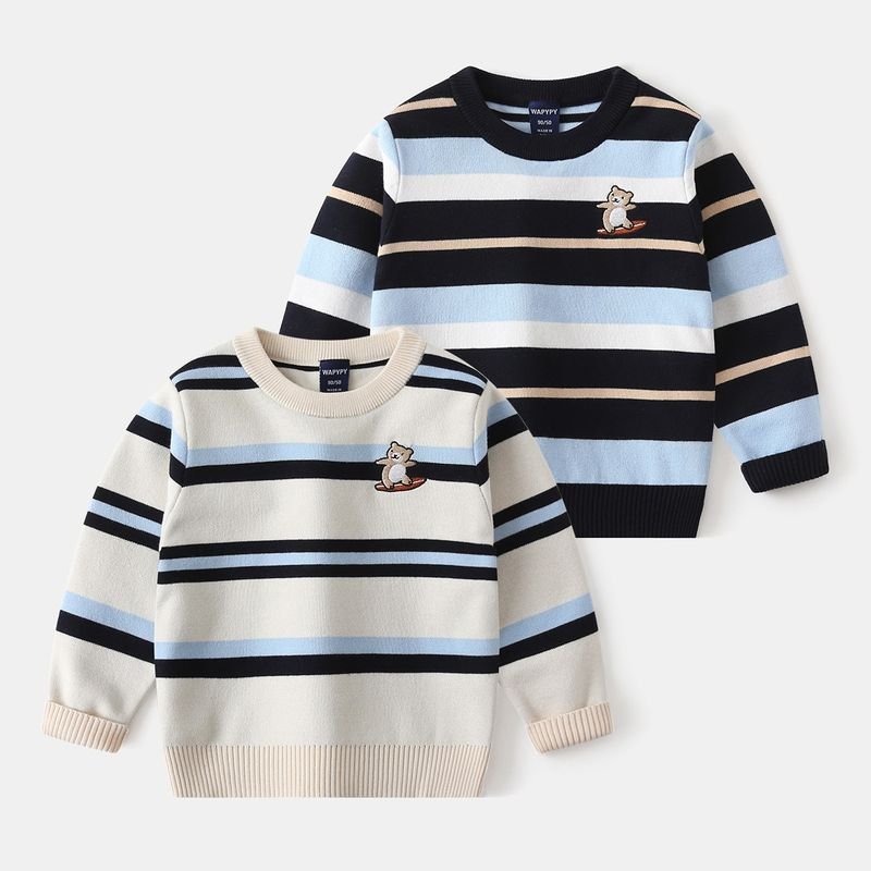 Kids Toddler Boys Casual Cute Stripe Long Sleeve Round Neck Knitwear Sweater