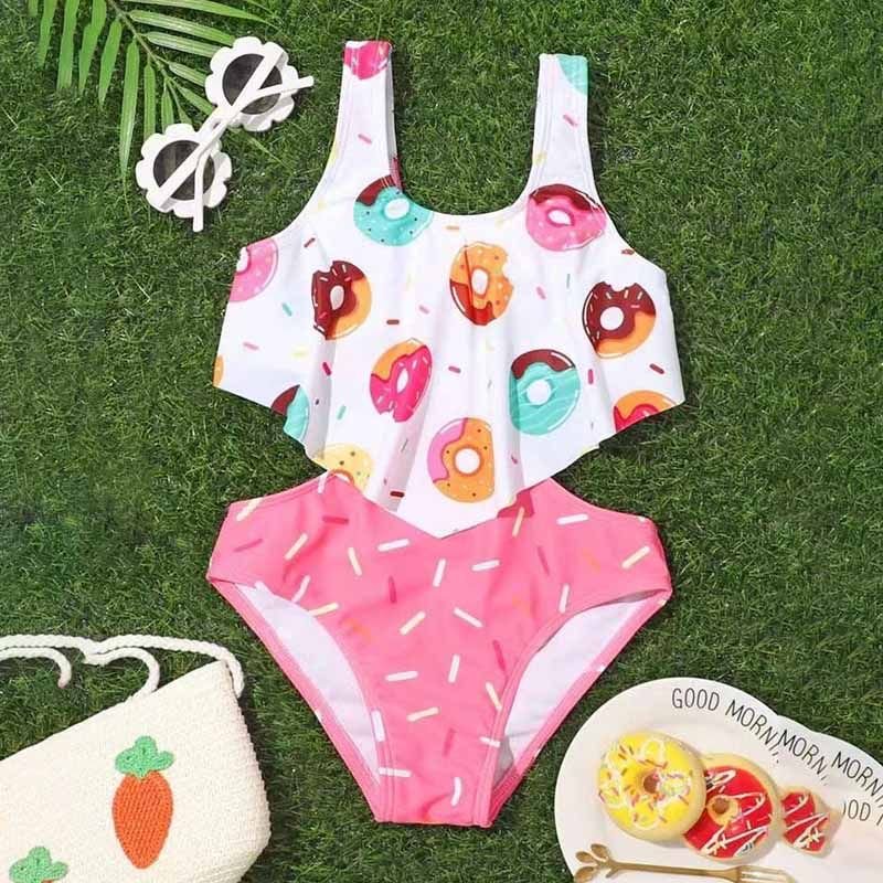 Kids Baby Girls Cute Sweet Donut Print Sleeveless One Piece Swimwear