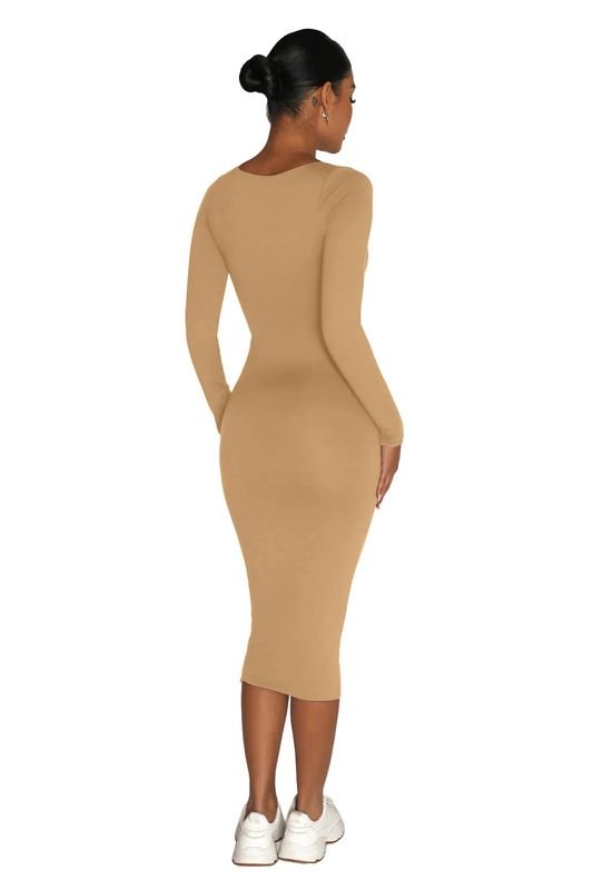 Women Fashion Solid Color Round Neck Long Sleeve Tight Dress