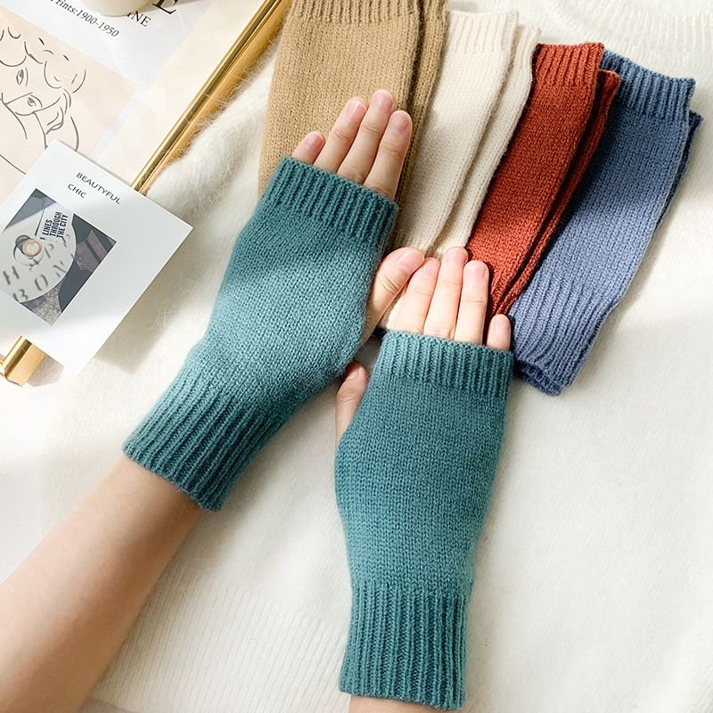 Autumn Winter Women Fashion Solid Color Warm Knitted Half Finger Wool Gloves