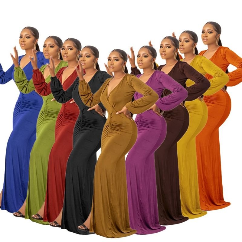 Women Fashion Sexy Solid Color Deep V Long Sleeve Maxi Dress