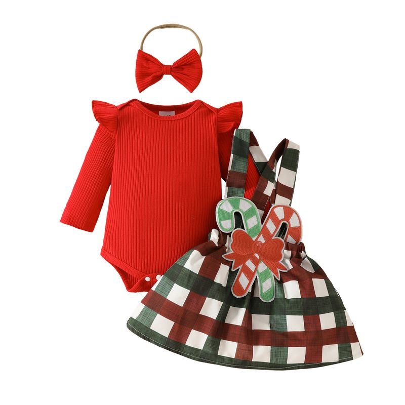 Kids Baby Girls Cute Party Christmas Long Sleeve Romper Plaid Strap Dress Sets