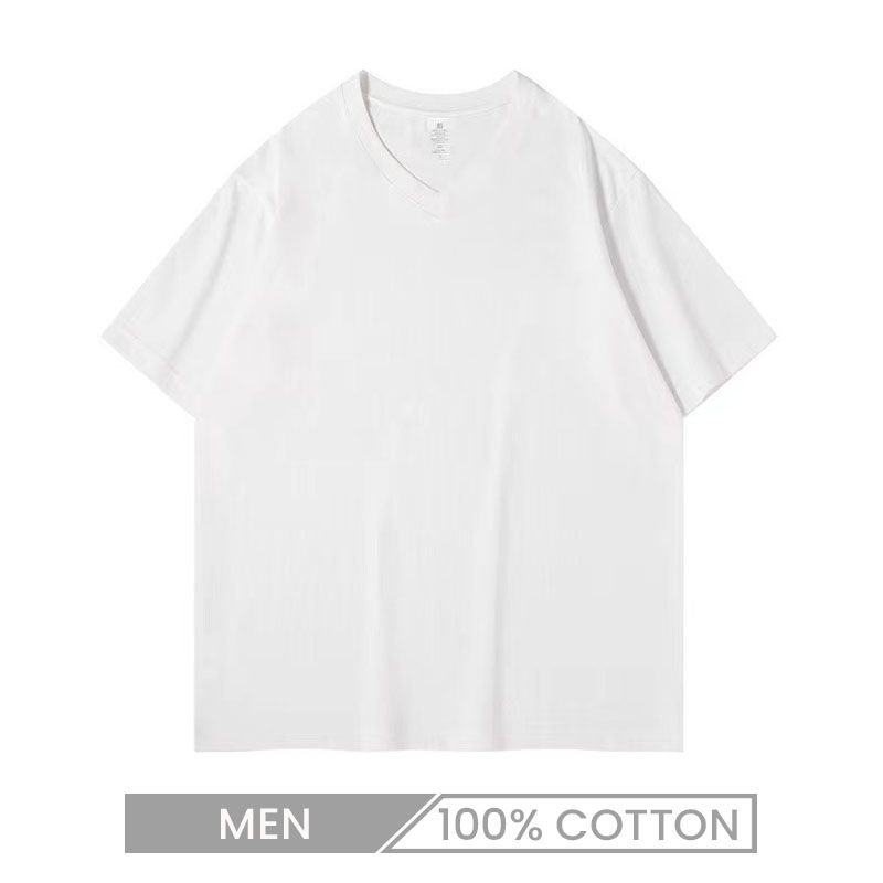 V Neck White 100% Cotton Unisex Women Men Loose Summer Short-Sleeved T-shirt