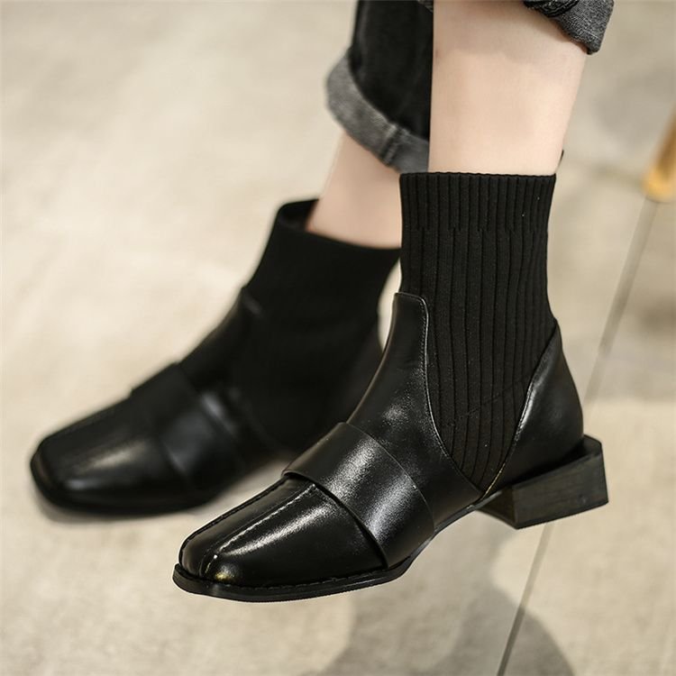 Size:4.5-12 Women Fashion Solid Color Patchwork Square Heel Ankle Boots