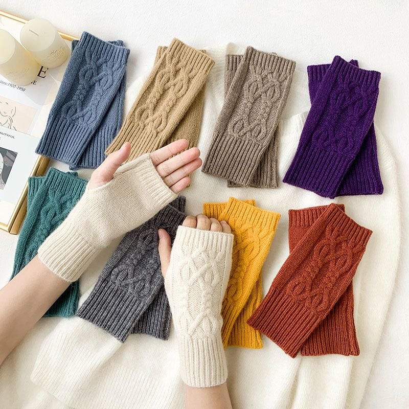 Autumn Winter Women Simple Solid Color Wool Knitted Half-Finger Gloves