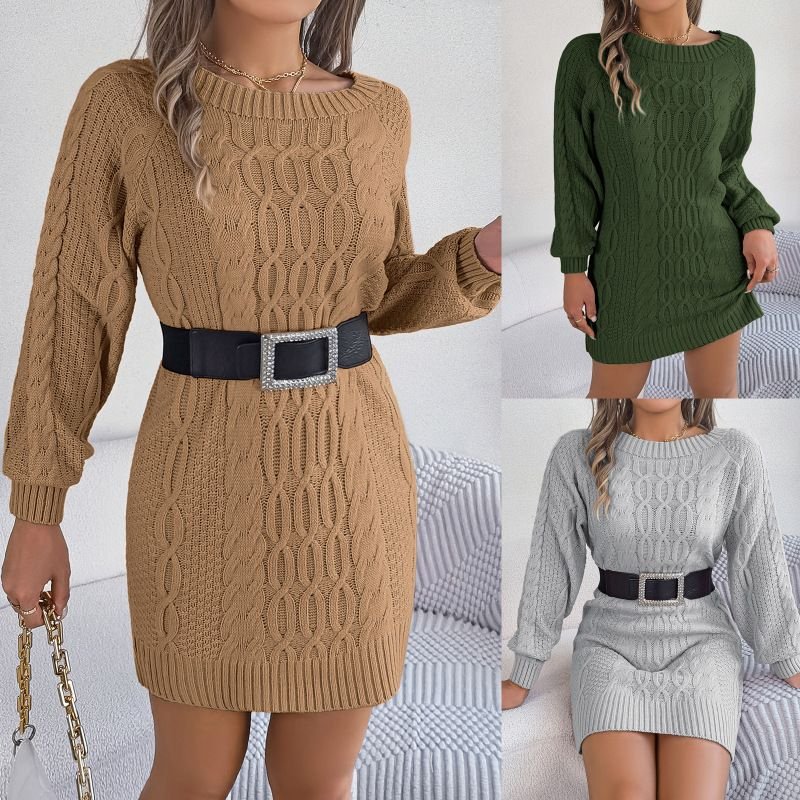 Autumn Winter Women Fashion Solid Color Knitted Twist Long Sleeve Dress