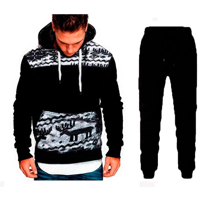 Men Casual Sports Christmas Deer Pattern Plus Size Long Sleeve Hoodies Trousers Sets