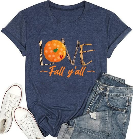 Women Thanksgiving Pumpkin Print Colored Cotton T-Shirt