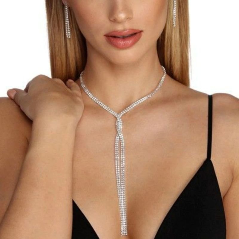 Women Fashion Shiny Tassel Rhinestone Long Necklace