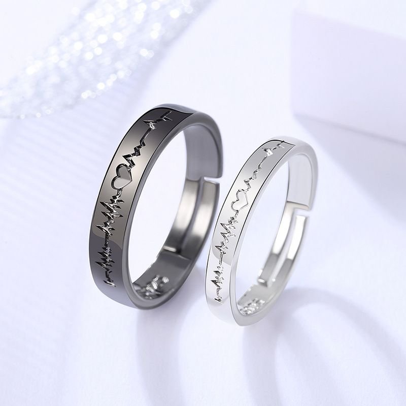 Simple Fashion Black White ECG Opening Couple Ring