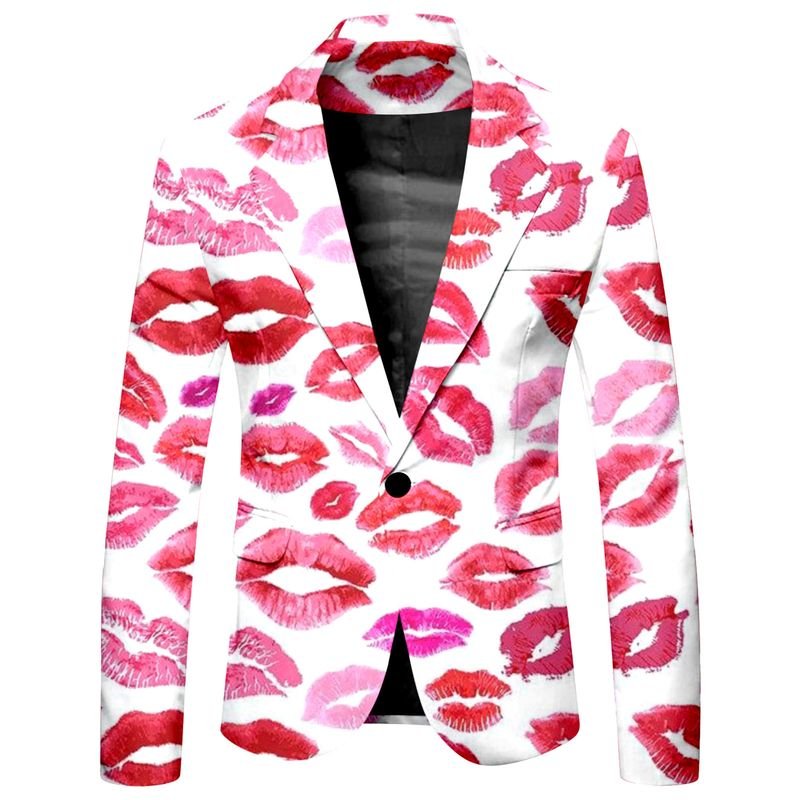 Men Fashion Casual Party Valentine Heart Shape Print Long Sleeve Lapel Suit