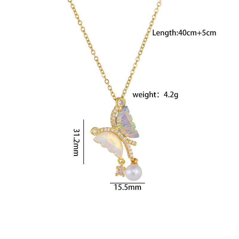 Women Simple Multicolor Fluorescent Butterfly Pearl Titanium Steel Necklace