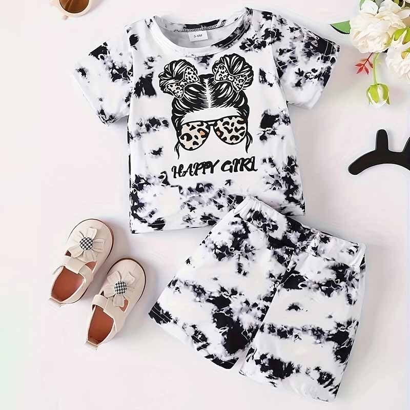 Kids Baby Girls Casual Cute Cartoon Print Short Sleeve T-Shirt Shorts Sets