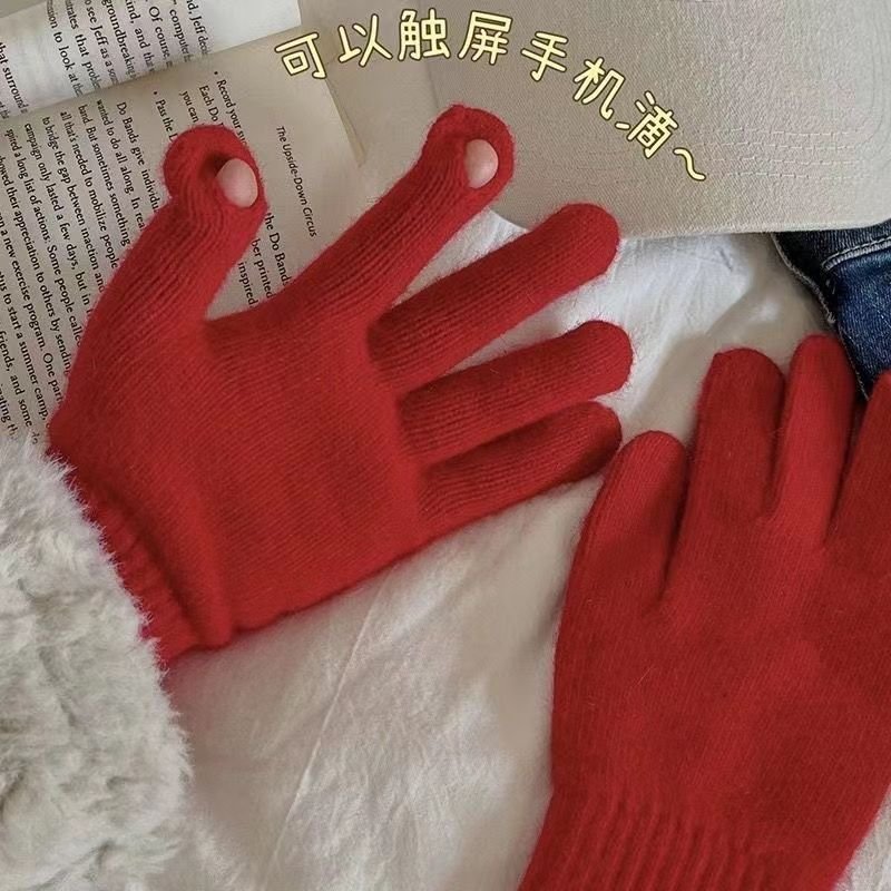 Women Winter Open-Finger Touch Screen Imitation Rabbit Fur Fleece-Lined Warm Gloves