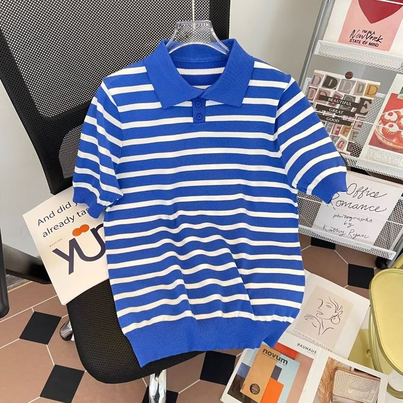 Men Fashion Casual Basic Stripe Print Plus Size Short Sleeve Lapel POLO Shirt