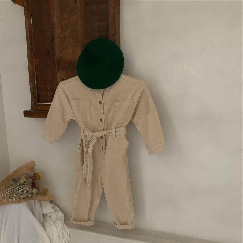 Girls Fashion Solid Color Long-sleeve Jumpsuit With Belt Set