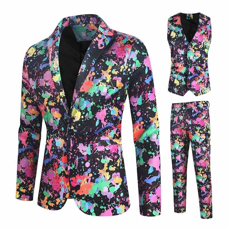 Men Fashion Casual Party Color Print Plus Size Vest Long Sleeve Lapel Suit Trousers Three-Piece Set