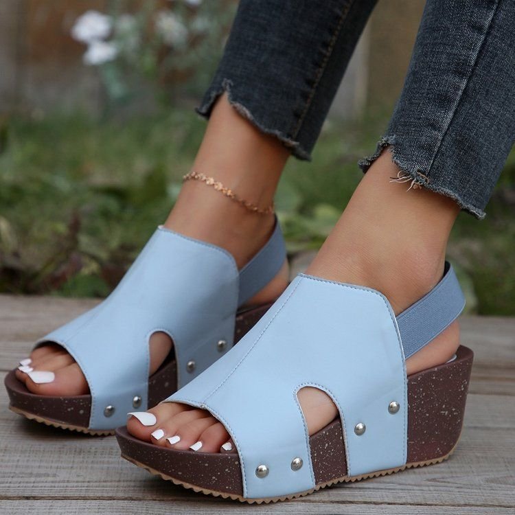 Summer Women Vintage Plus Size Platform Wedge Heel Studded Cutout Sandals