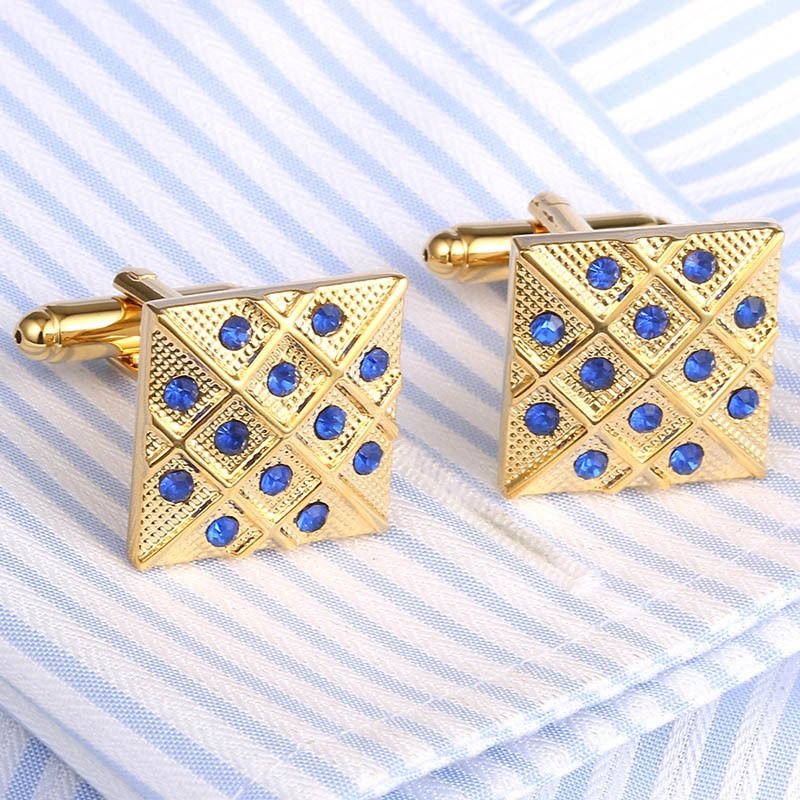 Men Square Blue Crystal Gold Cufflinks