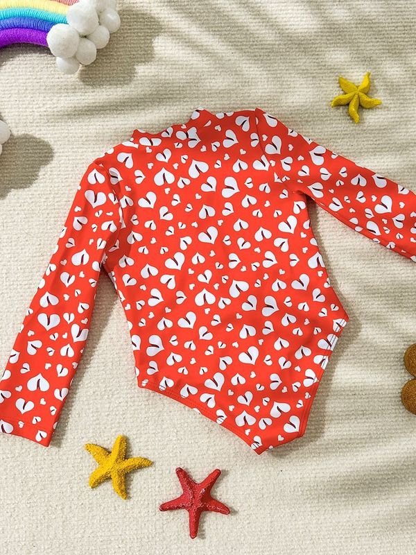 Kids Baby Girls Casual Cute Heart Print Long Sleeve One Piece Swimwear