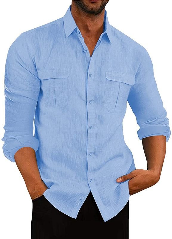 Men Fashion Casual Basic Solid Color Long Sleeve Lapel Shirt