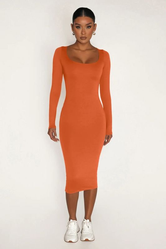 Women Fashion Solid Color Round Neck Long Sleeve Tight Dress