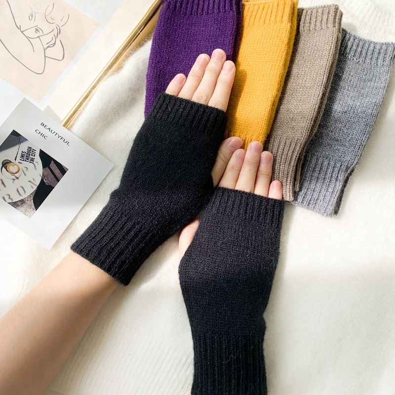 Autumn Winter Women Fashion Solid Color Warm Knitted Half Finger Wool Gloves