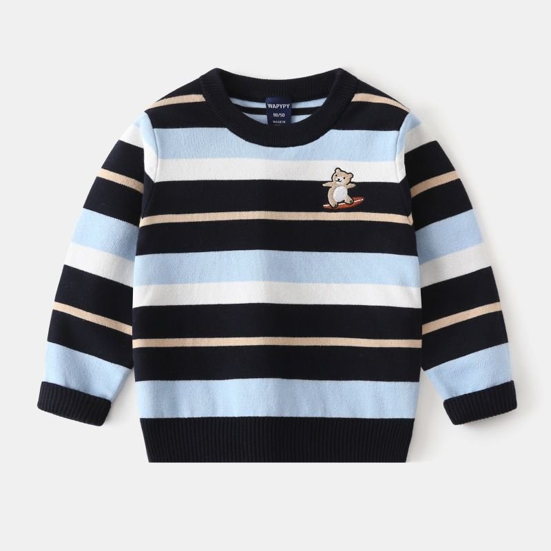 Kids Toddler Boys Casual Cute Stripe Long Sleeve Round Neck Knitwear Sweater