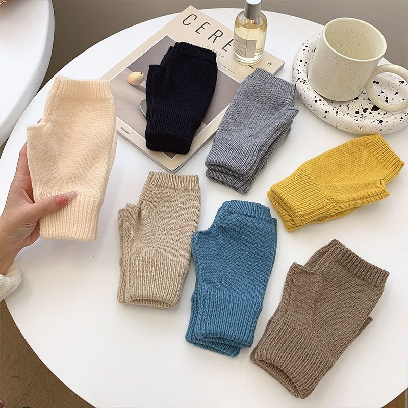 Autumn Winter Women Simple Solid Color Wool Knitted Half-Finger Gloves