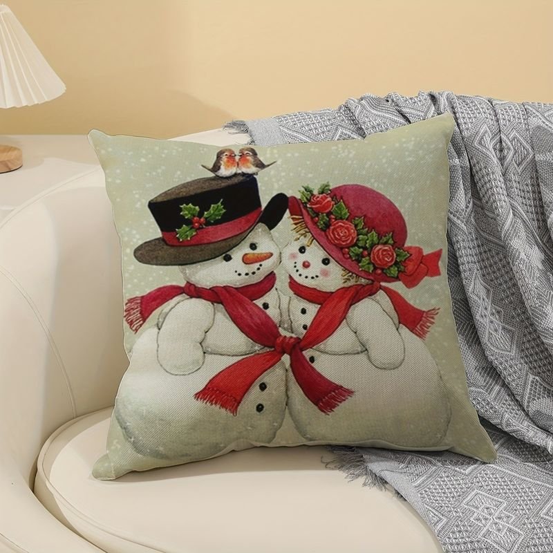 Simple Fashion Oil Painting Snowman Linen Single-Sided Printed Home Sofa Cushion Cover