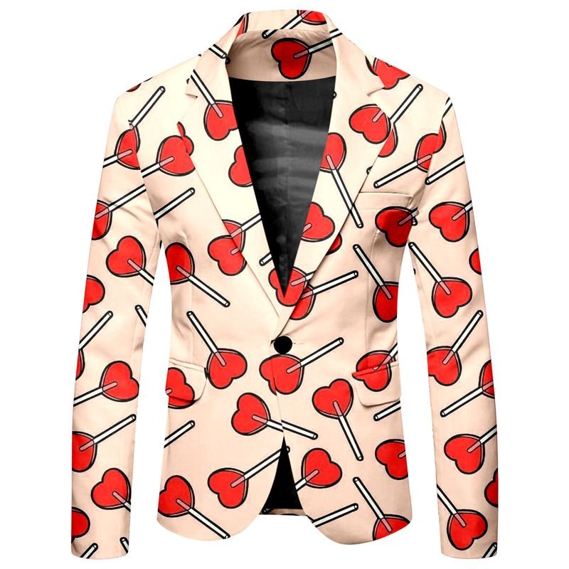 Men Fashion Casual Party Valentine Heart Shape Print Long Sleeve Lapel Suit