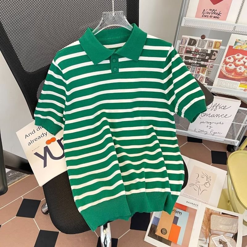 Men Fashion Casual Basic Stripe Print Plus Size Short Sleeve Lapel POLO Shirt