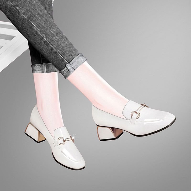 Size:4.5-10 Women Leather Metal Buckle Decorate Chunky Heels Shoes