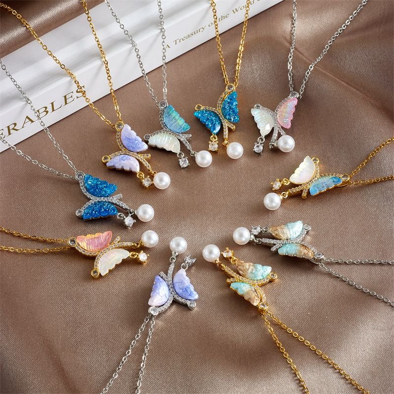 Women Simple Multicolor Fluorescent Butterfly Pearl Titanium Steel Necklace