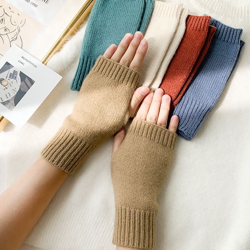 Autumn Winter Women Fashion Solid Color Warm Knitted Half Finger Wool Gloves