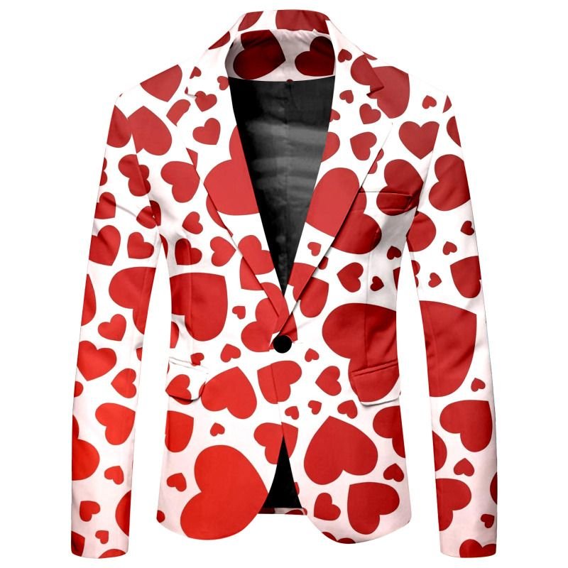 Men Fashion Casual Party Valentine Heart Shape Print Long Sleeve Lapel Suit