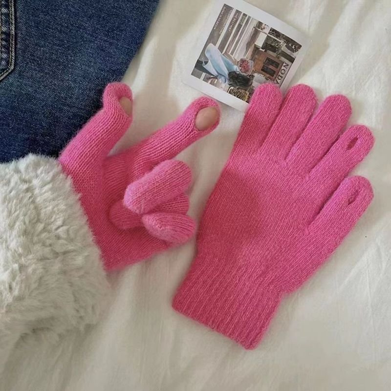 Women Winter Open-Finger Touch Screen Imitation Rabbit Fur Fleece-Lined Warm Gloves