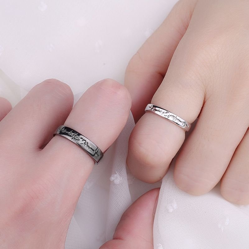 Simple Fashion Black White ECG Opening Couple Ring