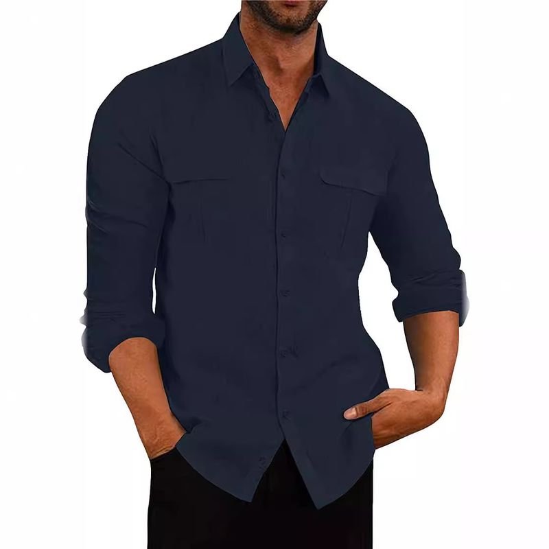 Men Fashion Casual Basic Solid Color Long Sleeve Lapel Shirt