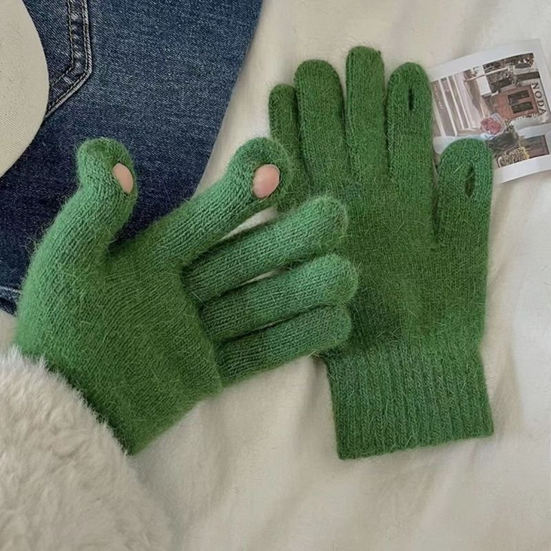 Women Winter Open-Finger Touch Screen Imitation Rabbit Fur Fleece-Lined Warm Gloves