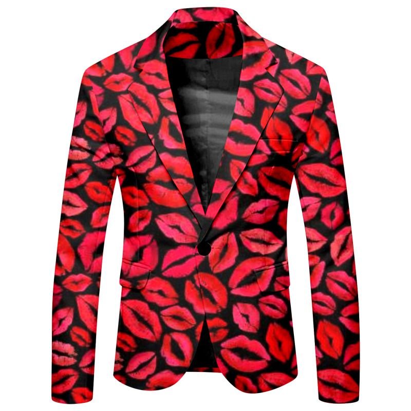 Men Fashion Casual Party Valentine Heart Shape Print Long Sleeve Lapel Suit