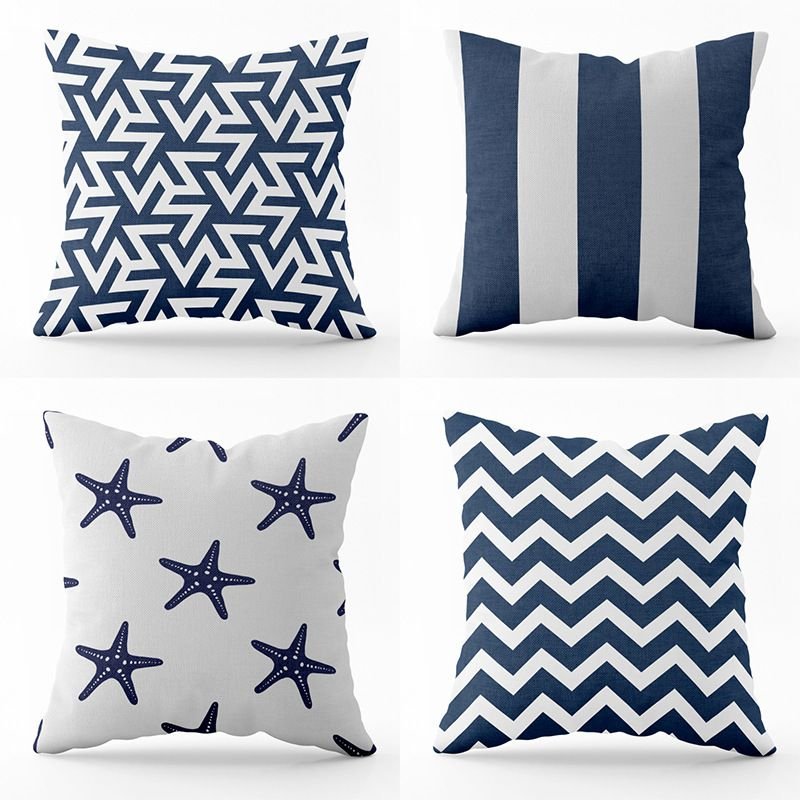 Blue Geometric Lines Throw Pillowcase Simple Stripe Linen Pillowcase